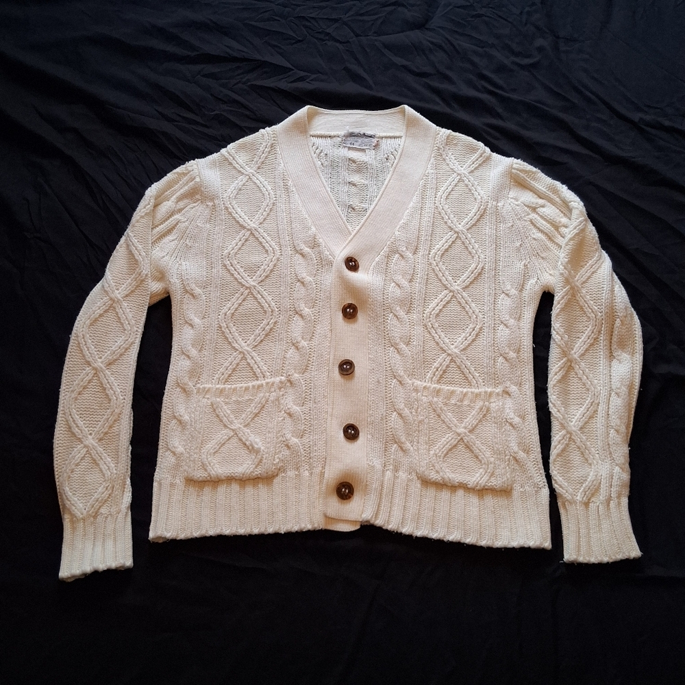 VTG 1970s Sears Men's Store Cream Chunky Cable Knit Fisherman's Sweater Size 44